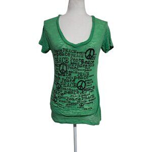 FRZ Freeze Top Womens L Burnout T-Shirt Green Peace Sign Graphic V-Neck Y2K Boho